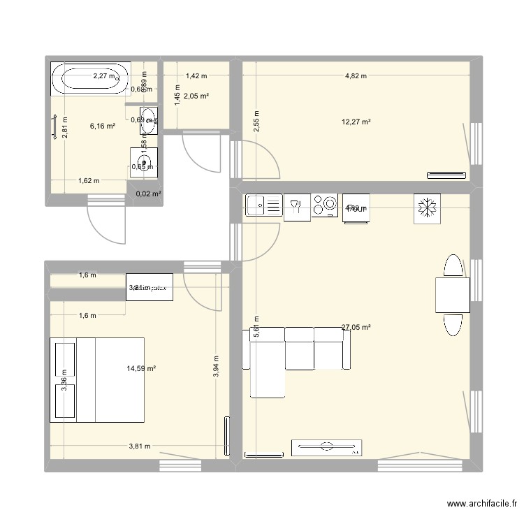 Appartement plaisir mansart. Plan de 6 pièces et 62 m2