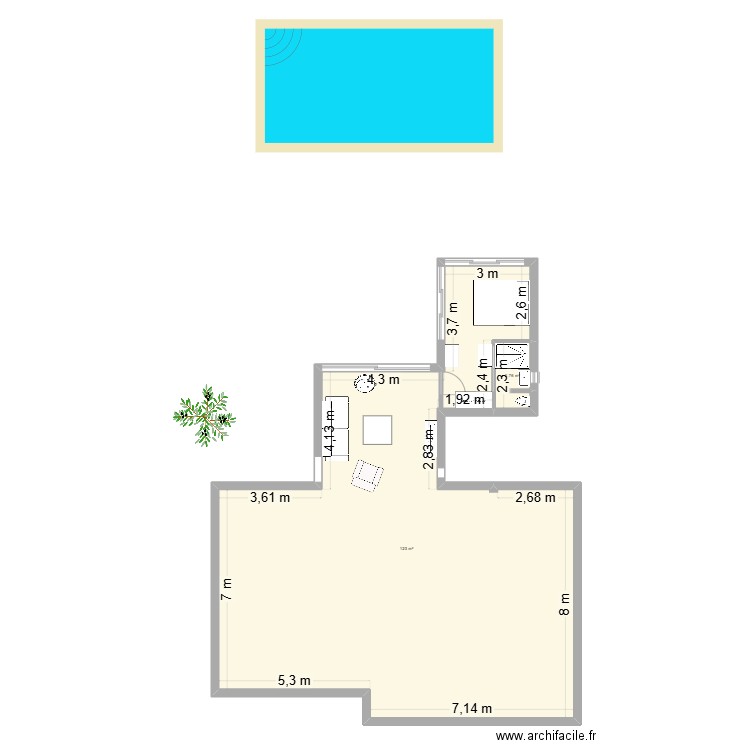 Extension Salon + Chambre. Plan de 2 pièces et 126 m2