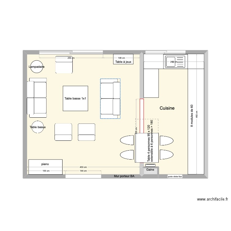 Cuisine en  U  porte condamnée + table en bas. Plan de 3 pièces et 33 m2