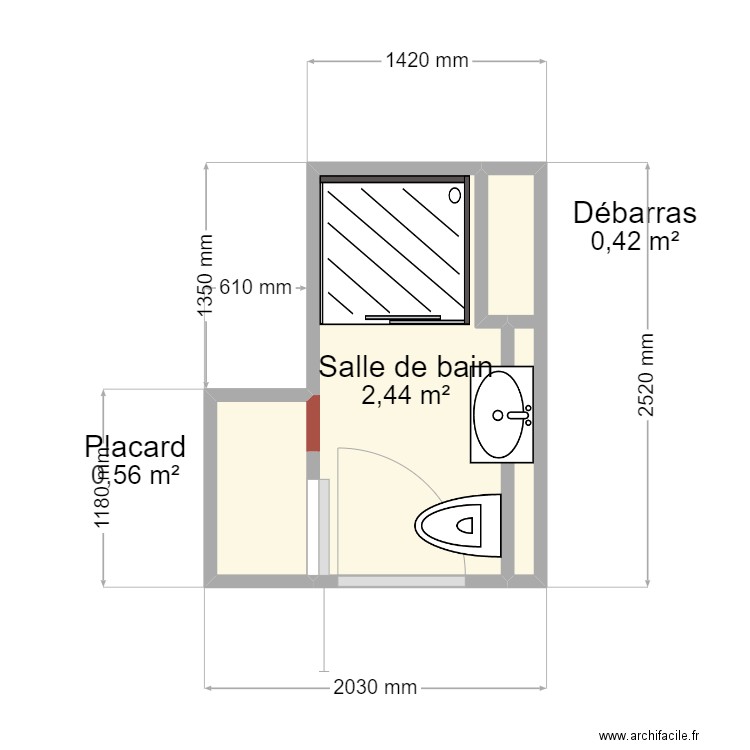 revault sdb. Plan de 3 pièces et 3 m2