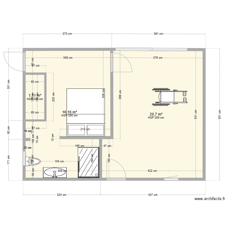 Chambre garage AuréJu 22. Plan de 3 pièces et 38 m2