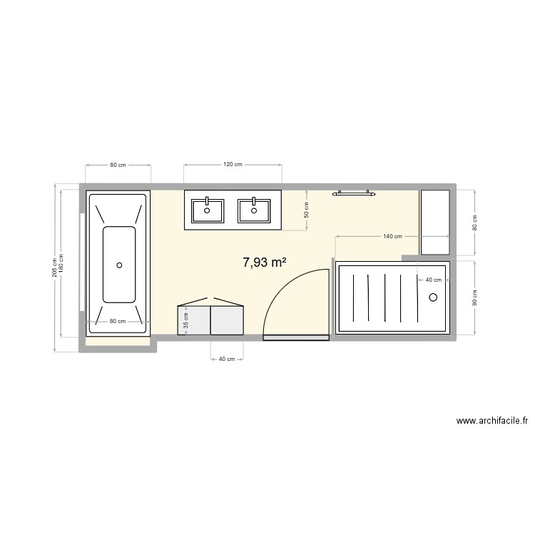 Salle de bain  3bis. Plan de 1 pièce et 8 m2