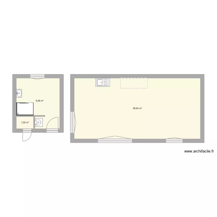cuisine. Plan de 3  et 47 m²