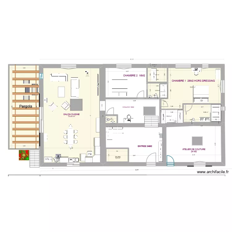 GRANGE RENOVATION MAI 2025 VERSION CUISINE SUD. Plan de 13  et 206 m²
