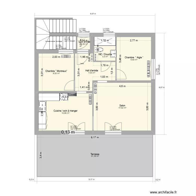 1er &eacute;tage. Plan de 8 pièces et 91 m²