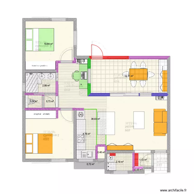 Emeraude-modif sdb. Plan de 12  et 74 m²