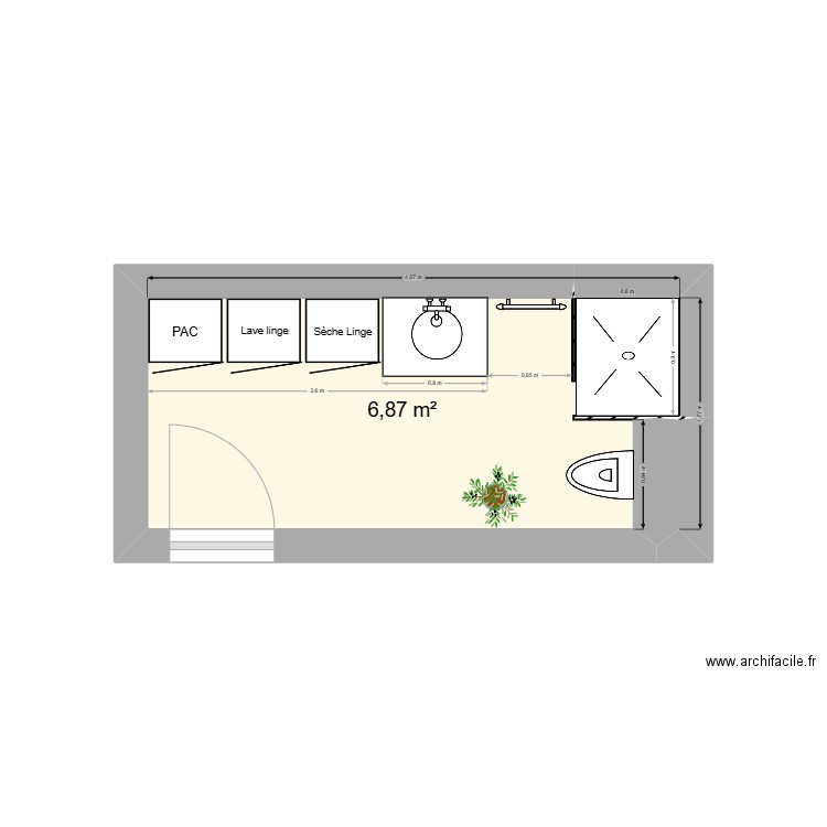 Sdb R-1. Plan de 2 pièces et 7 m2