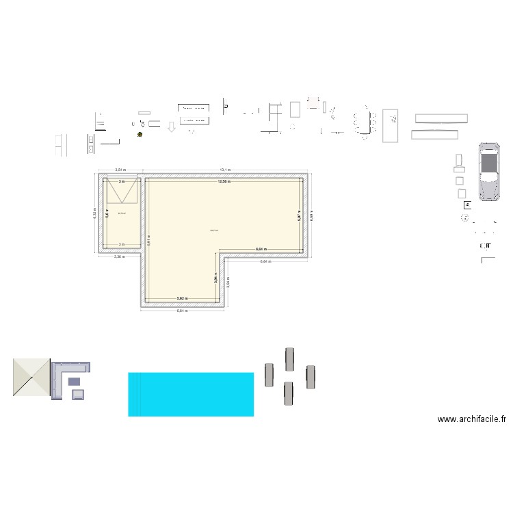 Saouves RDC option 1. Plan de 15 pièces et 170 m2