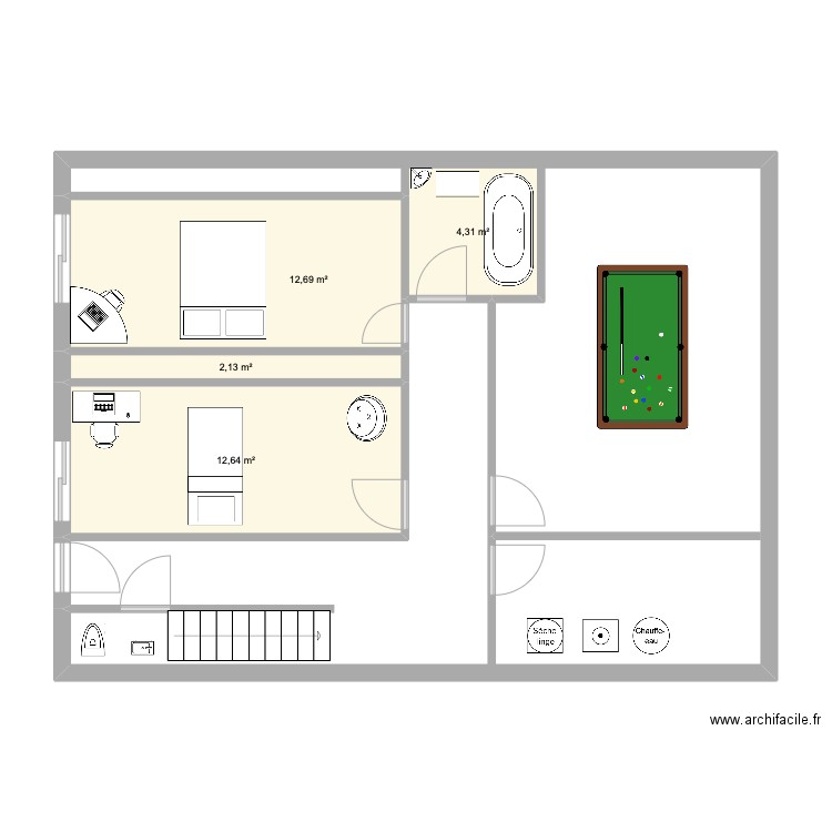 sous sol. Plan de 4 pièces et 32 m2