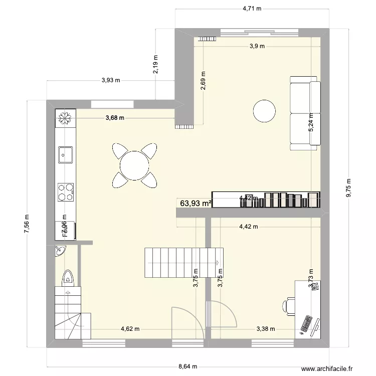 Plan RDC. Plan de 1  et 64 m²