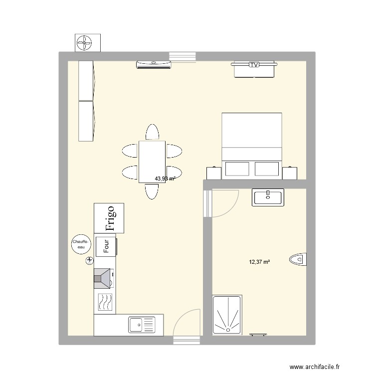 Studio. Plan de 2 pièces et 56 m2