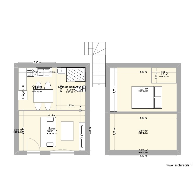 apt 1. Plan de 8 pièces et 44 m2