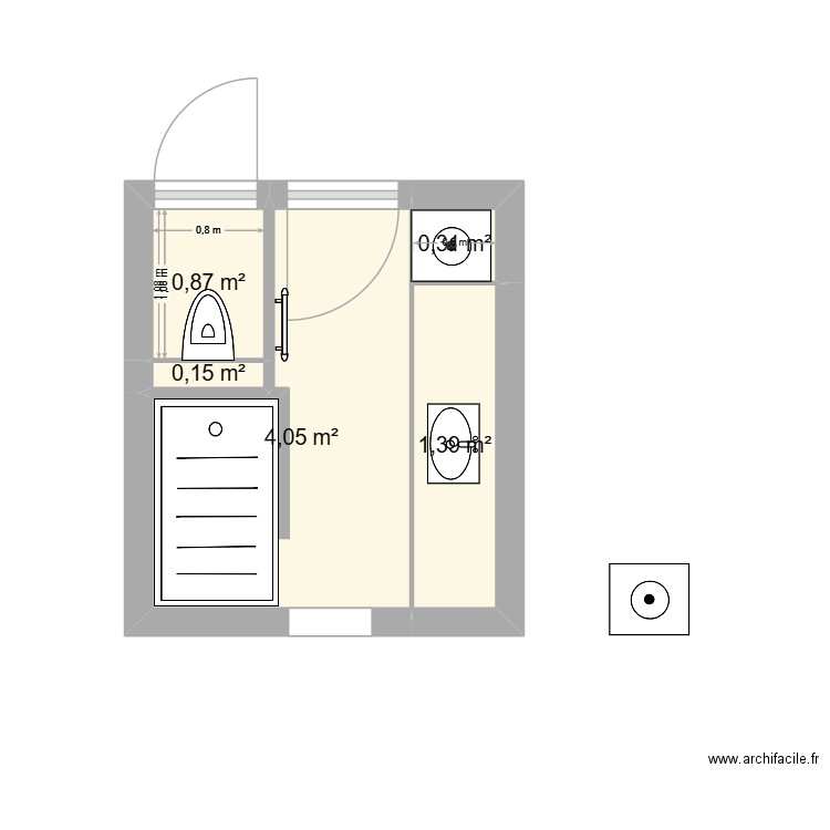 douche. Plan de 5 pièces et 7 m2