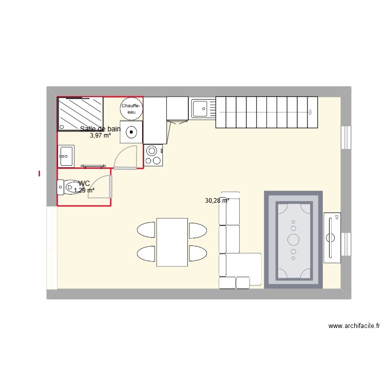 rdc. Plan de 3 pièces et 36 m2