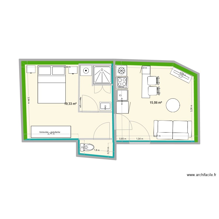 dinan reno SDB. Plan de 2 pièces et 35 m2