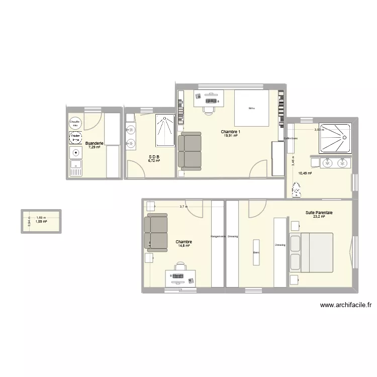 Suite parentale + 1 Chambre + Simu V2 + SDB + buanderie v2. Plan de 7 Pièces et 84 m²