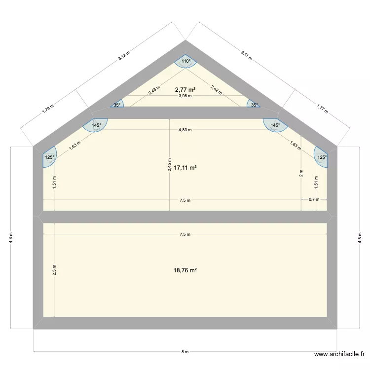 vue en coupe. Plan de 3  et 39 m²