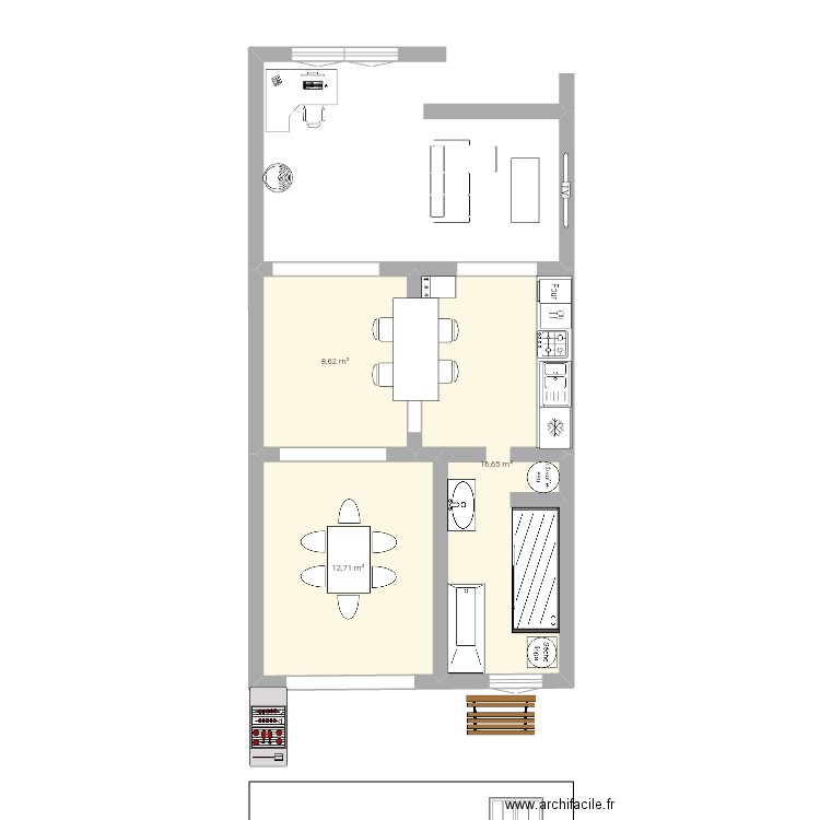 Pierre Antoine. Plan de 3 pièces et 38 m2