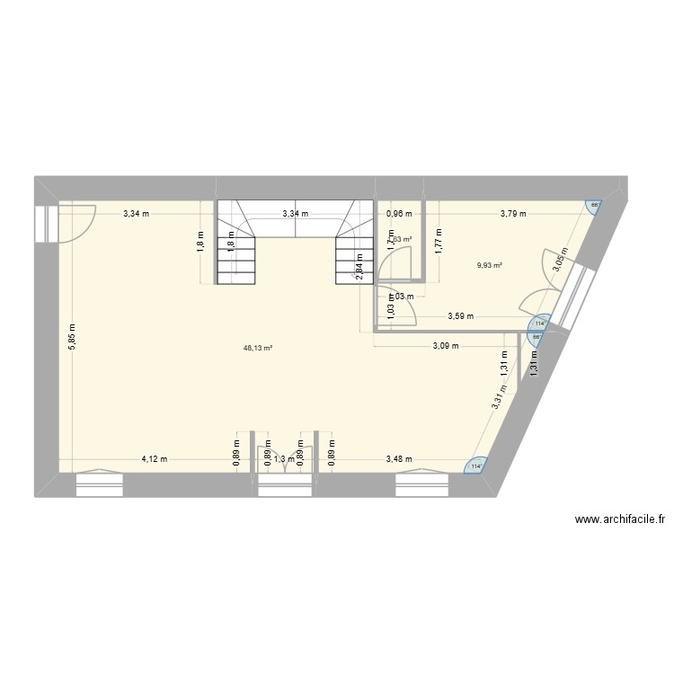 RDC après démotion cloisons. Plan de 3 pièces et 60 m2