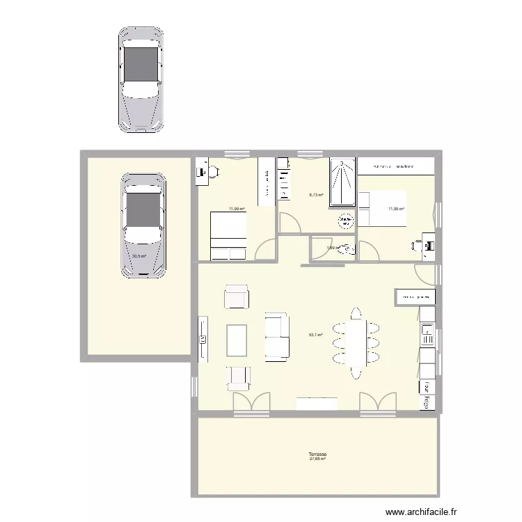 Maison 90m2 RDC (Garage c&ocirc;t&eacute;). Plan de 7 pièces et 146 m²