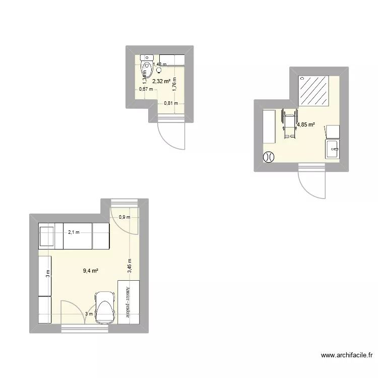 SDB Nayla. Plan de 3  et 17 m²