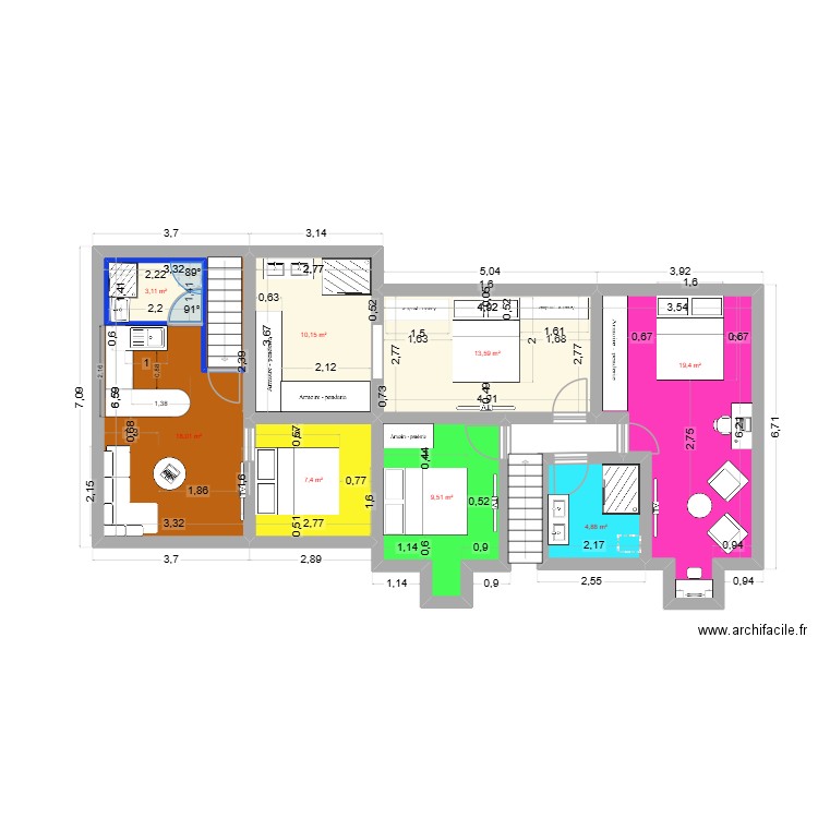 projeté étage chevry V1. Plan de 8 pièces et 90 m2