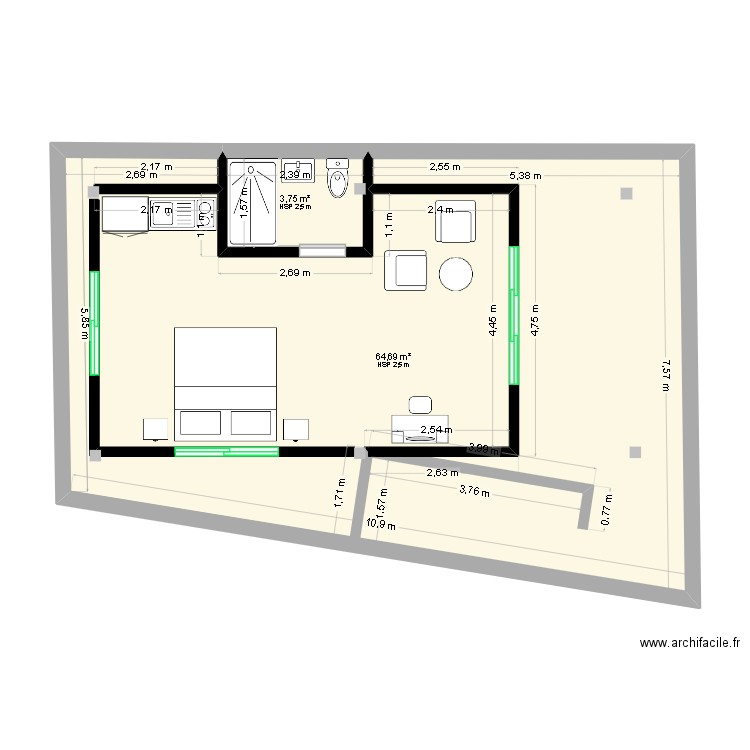 Terrasse Appartment. Plan de 2 pièces et 68 m2