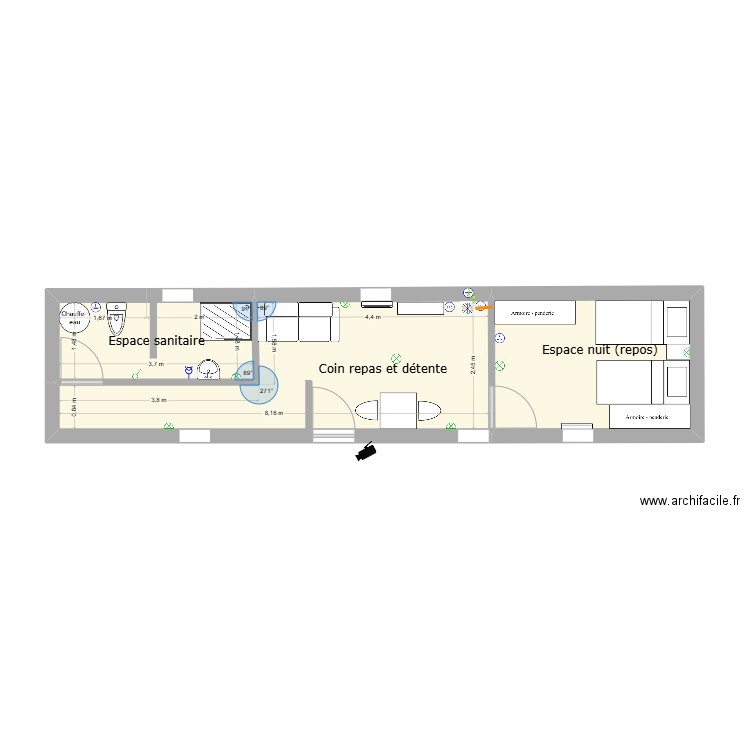 Plan Eva2. Plan de 3 pièces et 28 m2