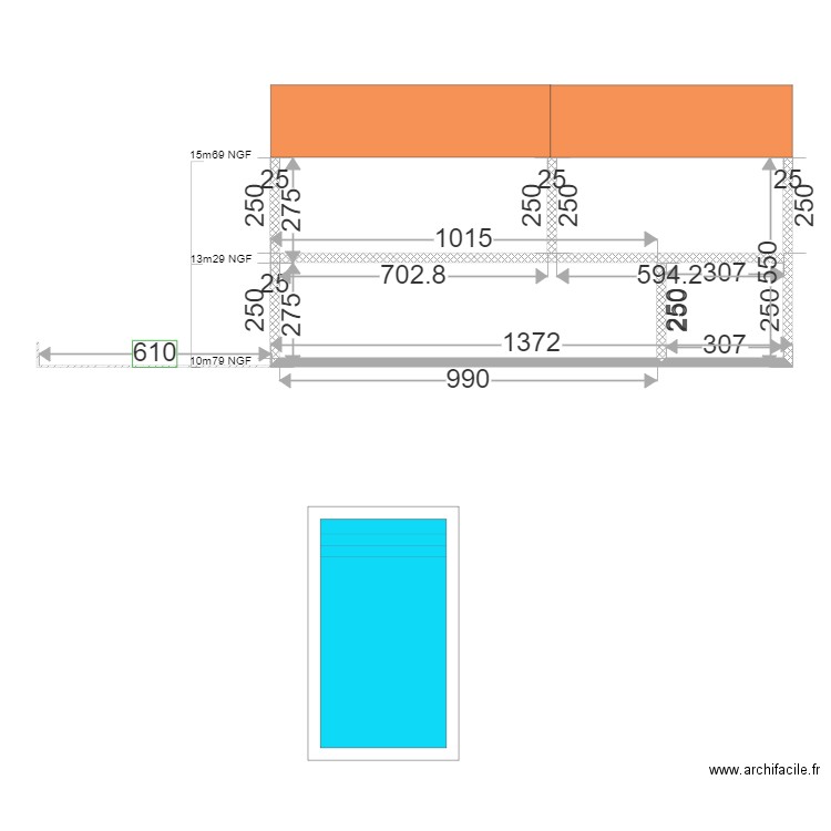 DP3 Plan de coupe projet. Plan de 1 pièce et 8 m2