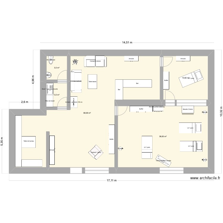 Tatouage. Plan de 5 pièces et 128 m2