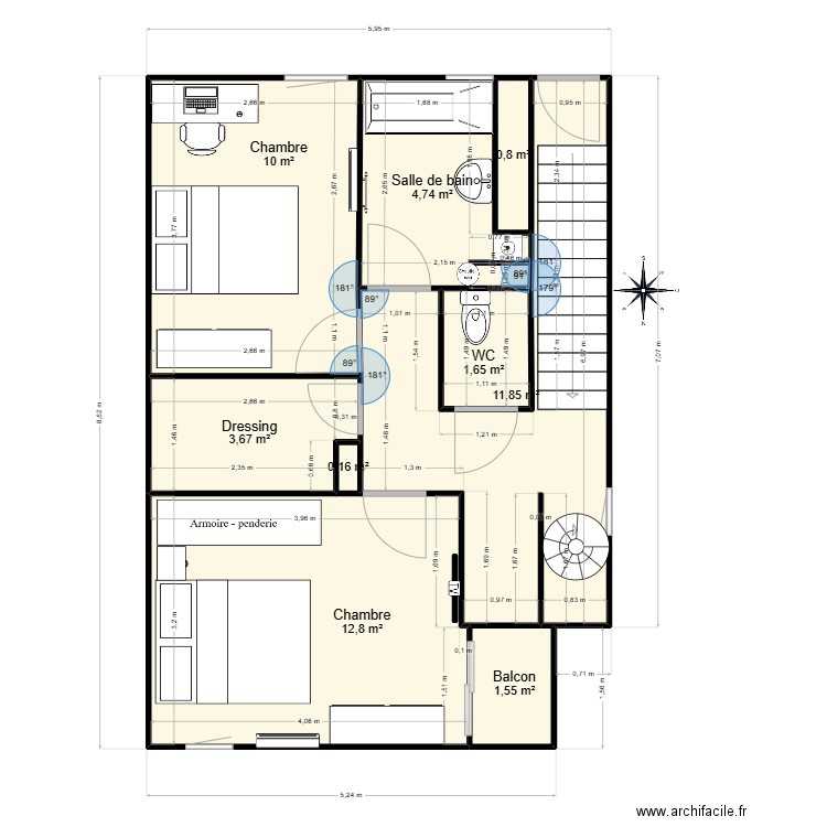 chambre. Plan de 9 pièces et 47 m2