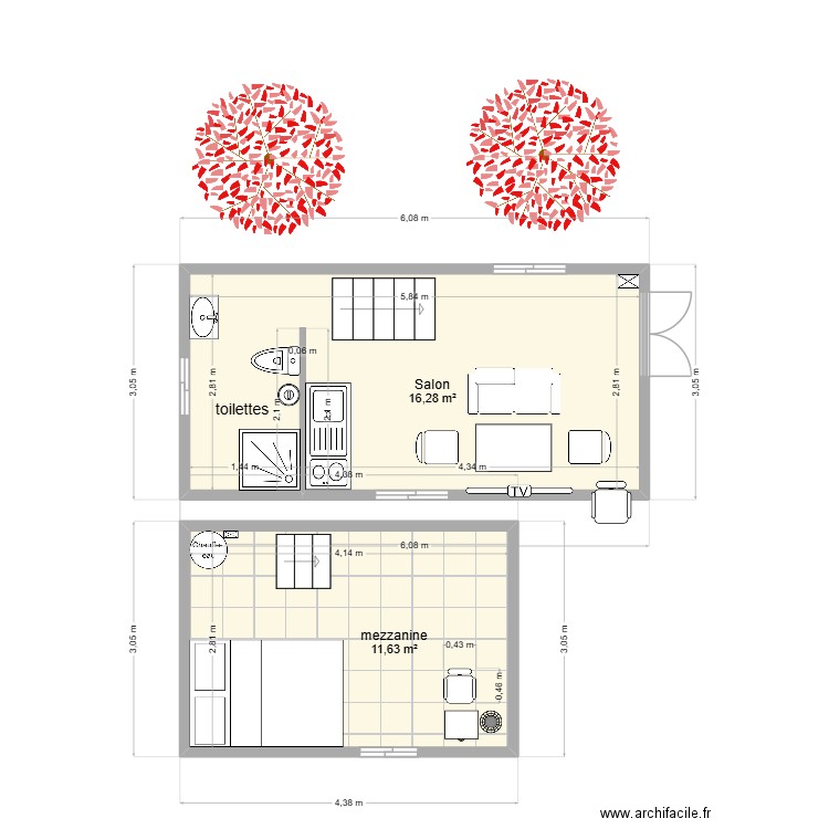 tiny house architecture 18.60m2. Plan de 2 pièces et 28 m2