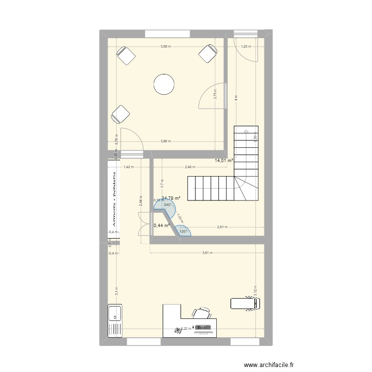 cabinet. Plan de 3 pièces et 49 m2