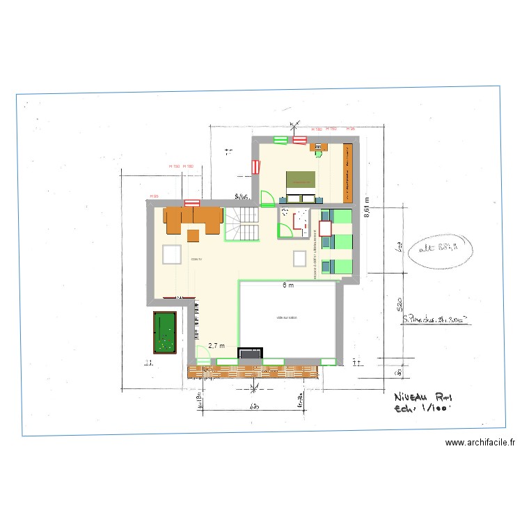 MEZZA SAMOENS rehaussé 5O  chambre 18/3. Plan de 2 pièces et 116 m2