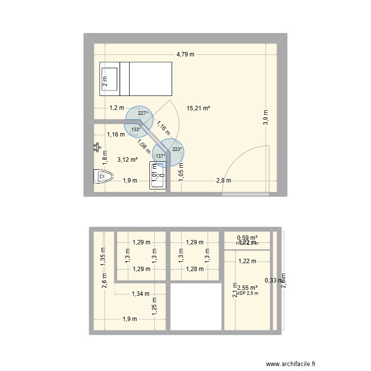 plan chambre aménagée. Plan de 8 pièces et 28 m2