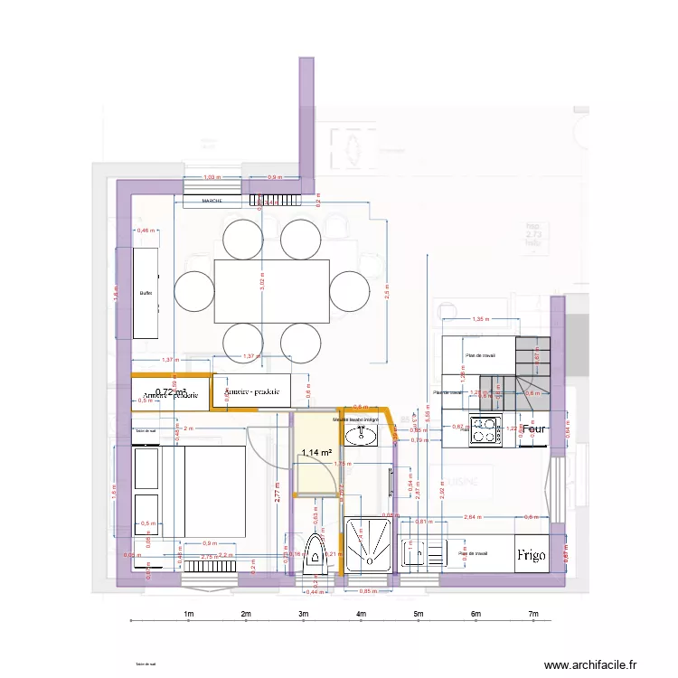 plan meubl&eacute; version site parentale avec porte galandage avec arbitrage taille actuelle / taille ideale de la SaM et de la chambre Avec mesures. Plan de 2  et 2 m²