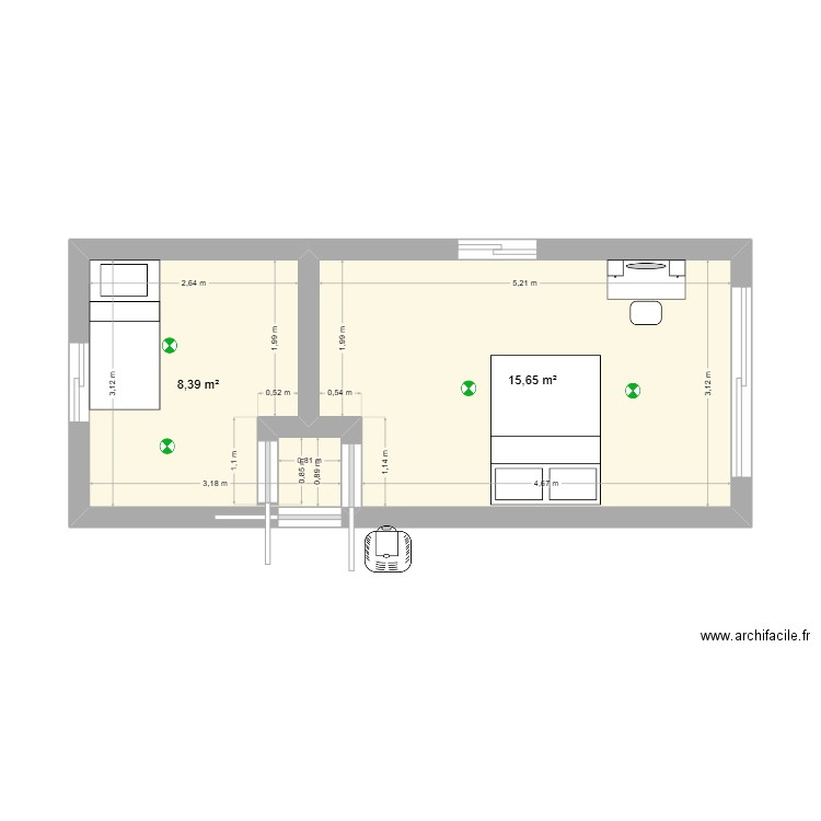 extension. Plan de 2 pièces et 24 m2