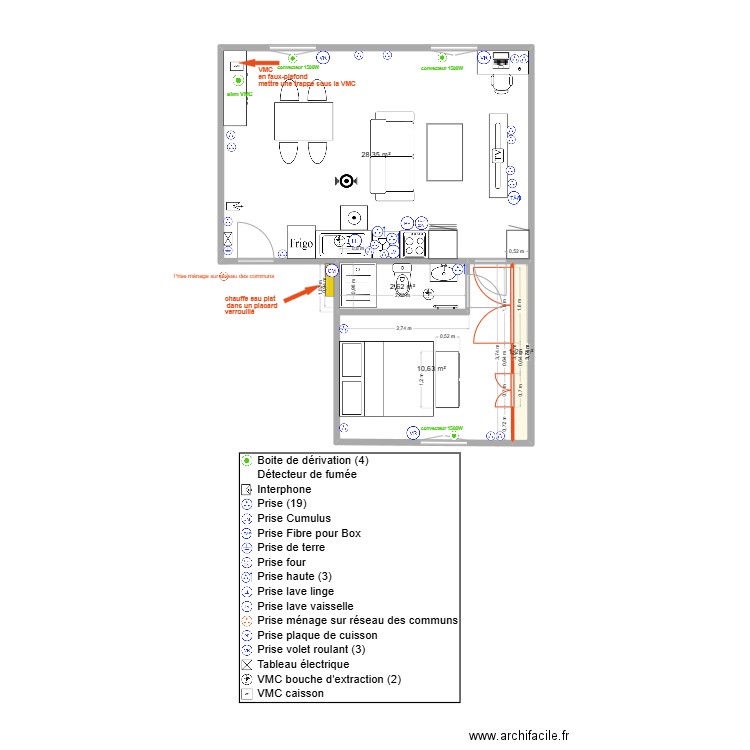 Thuillat T2 1er Projet Elec V2. Plan de 4 pièces et 43 m2