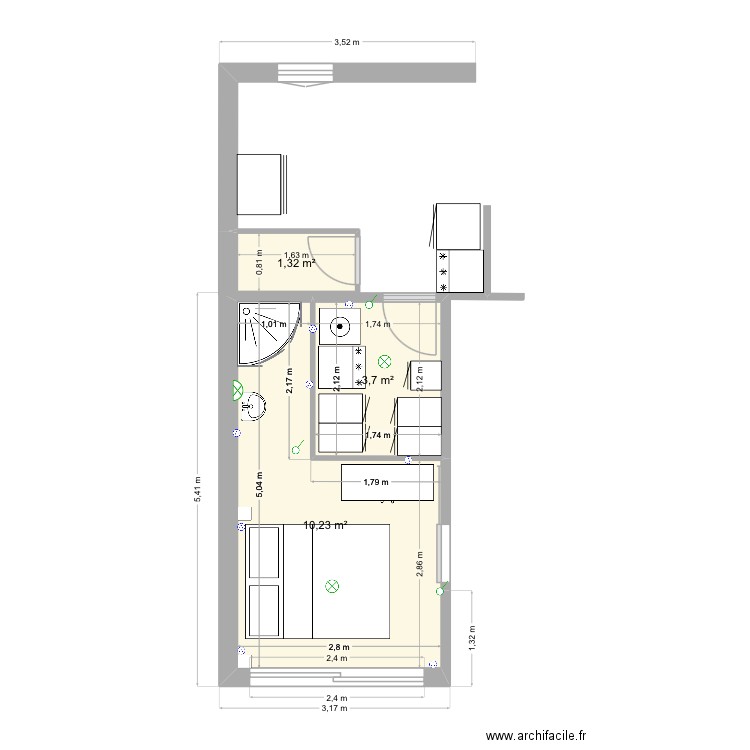 Cuisine chambre + sdb + buanderie. Plan de 3 pièces et 15 m2