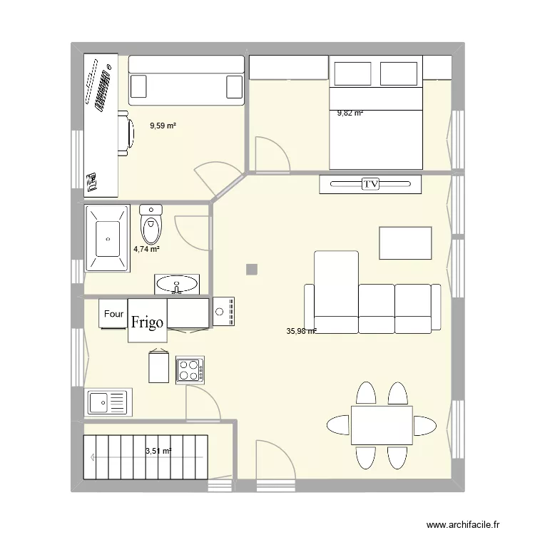Grande chambres sans couloir. Plan de 5 et 64 m² Grande chambres sans couloir. Plan de 5 et 64 m²