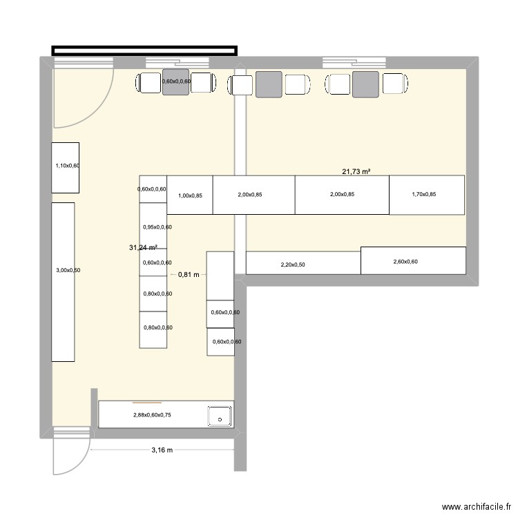 Patisserie. dimensions meubles.. Plan de 2 pièces et 53 m2
