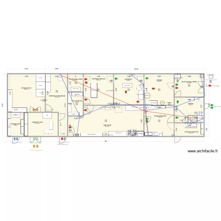abattoir et labo plomberie. Plan de 15  et 207 m²