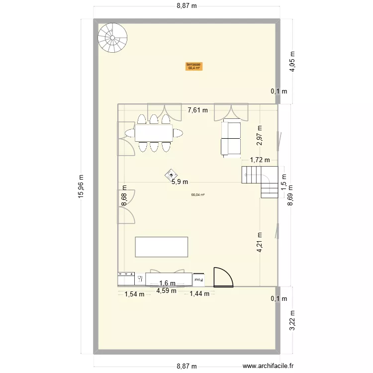 chalet avec terrasse et local garage. Plan de 14  et 279 m²