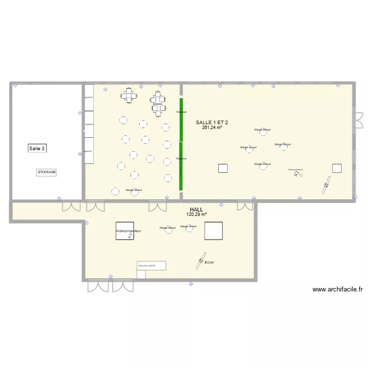 AGRACO plan salle 1 vierge - Accueil caf&eacute; dans le hall + d&eacute;jeuner dans la salle 2. Plan de 2  et 382 m²