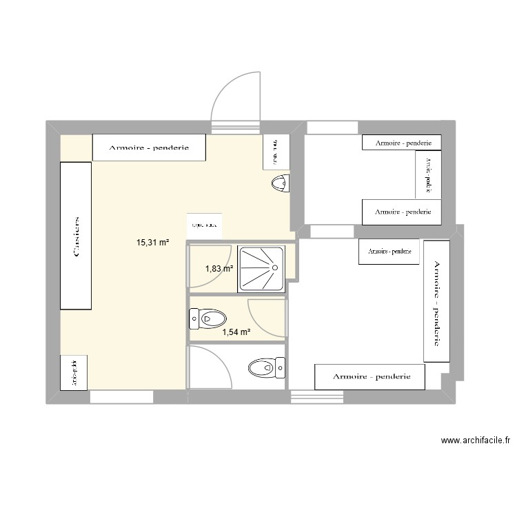 Vestiaires P500 actu. Plan de 3 pièces et 19 m2