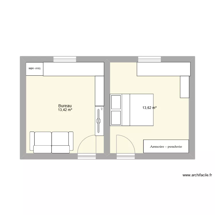 piece artiste. Plan de 2 pièces et 27 m²