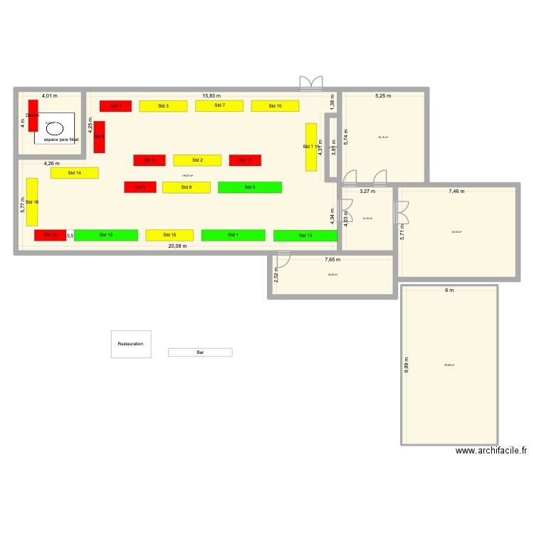 Marché de Noël 2025 salle V2. Plan de 8 pièces et 363 m2