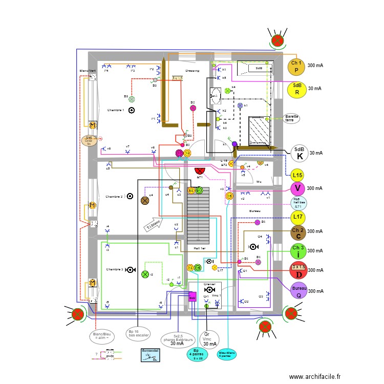 2024 - 03  Noémie  étage avec fil  . Plan de 8 pièces et 88 m2