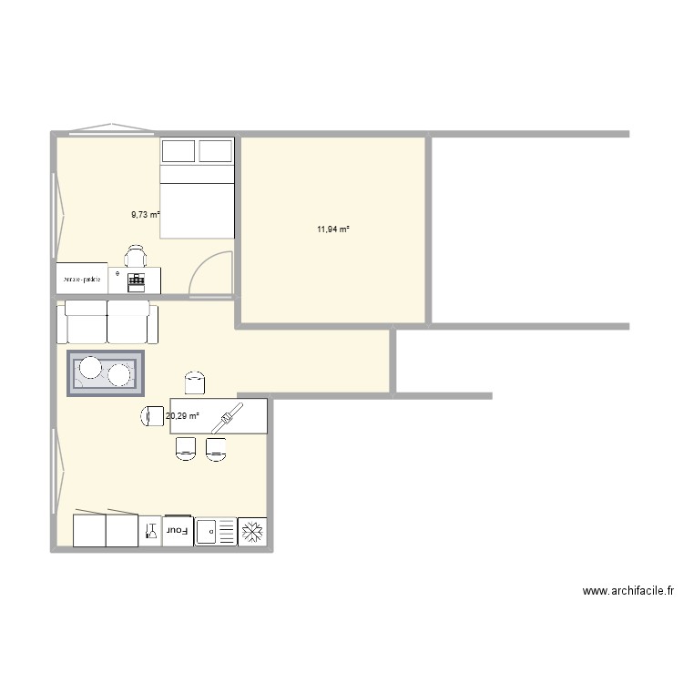 Cucherrousset. Plan de 3 pièces et 42 m2