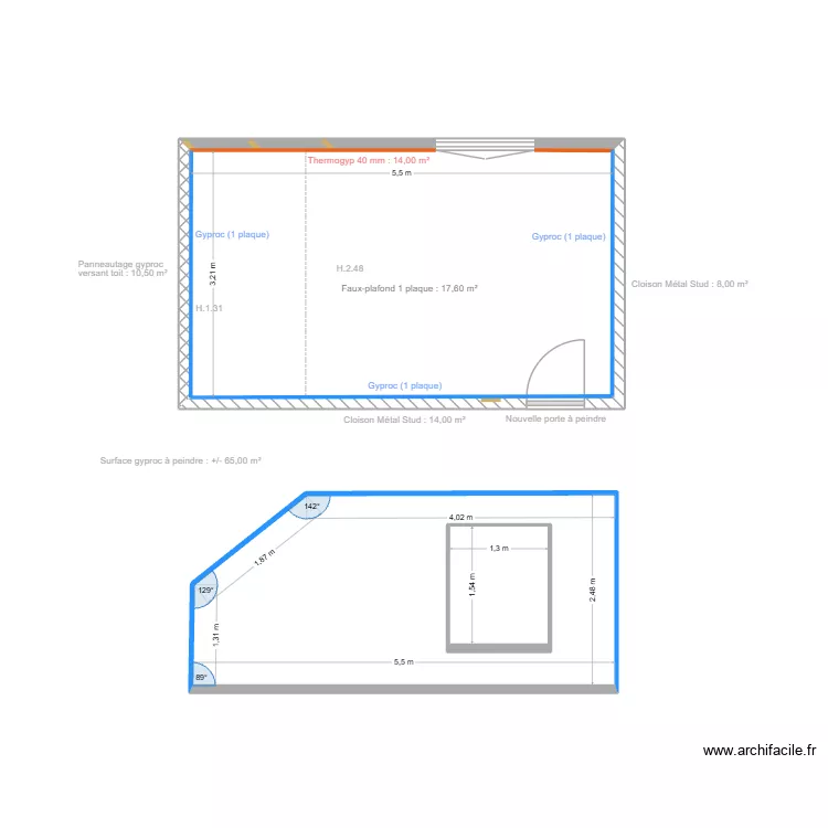 Am&eacute;nagement grenier. Plan de 3  et 32 m²